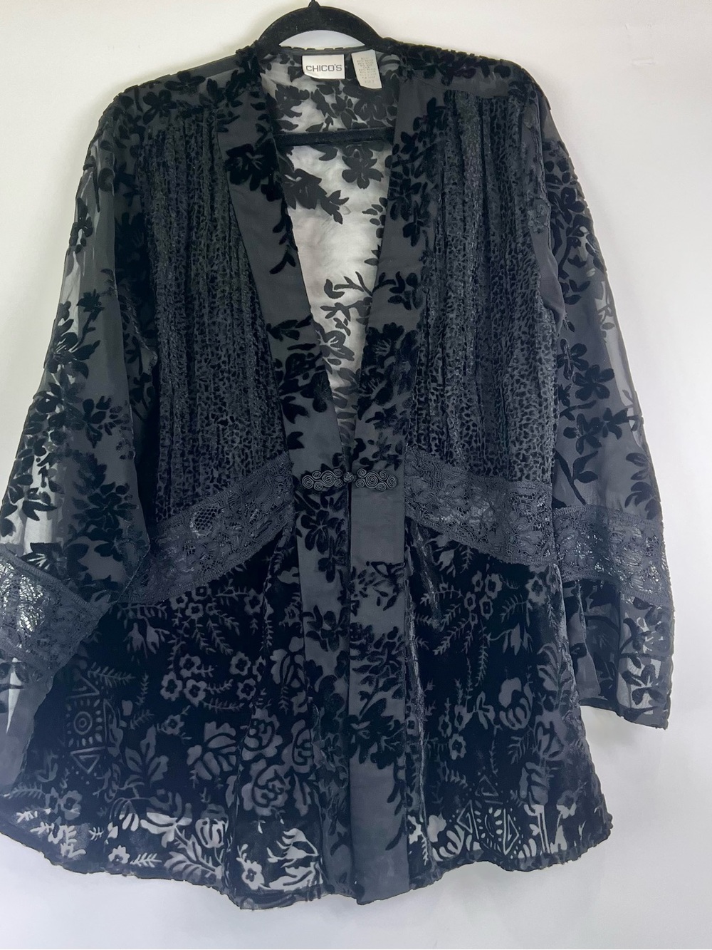 Chico's Black Sheer Floral Velvet Burnout Kimono Cardigan Lace Boho Goth Vamp 3